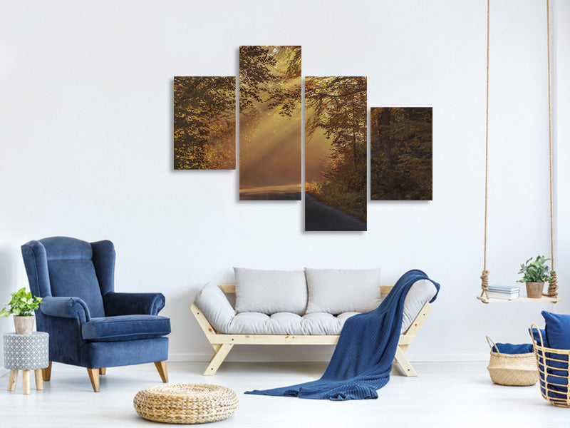 modern-4-piece-canvas-print-sunbeams-in-the-forest